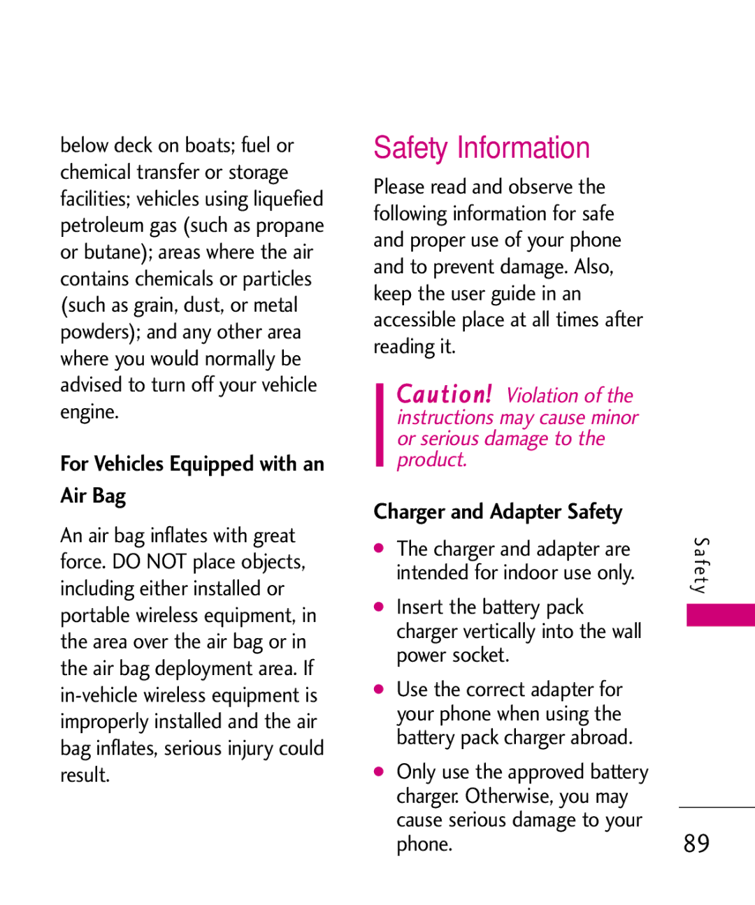 LG Electronics UX265G manual Safety Information, For Vehicles Equipped with an Air Bag 