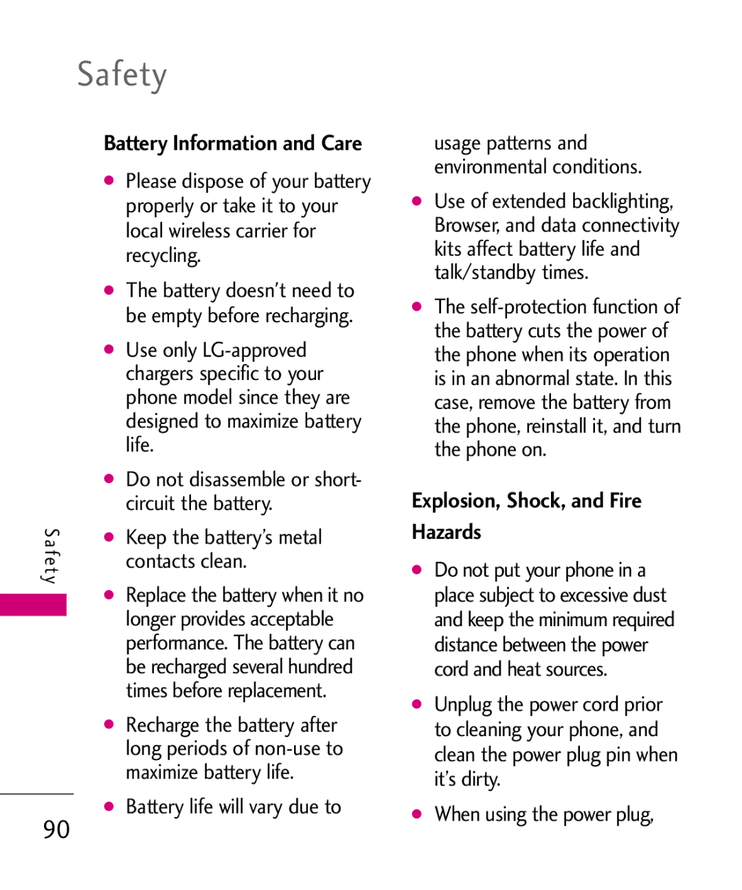 LG Electronics UX265G manual Explosion, Shock, and Fire Hazards 