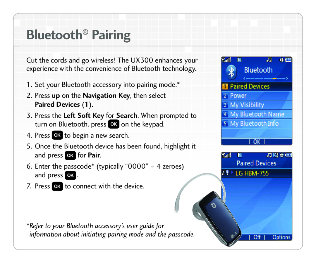 LG Electronics UX300 quick start Bl u eto ot h Pairin g, Paired Devices, Or Pair 