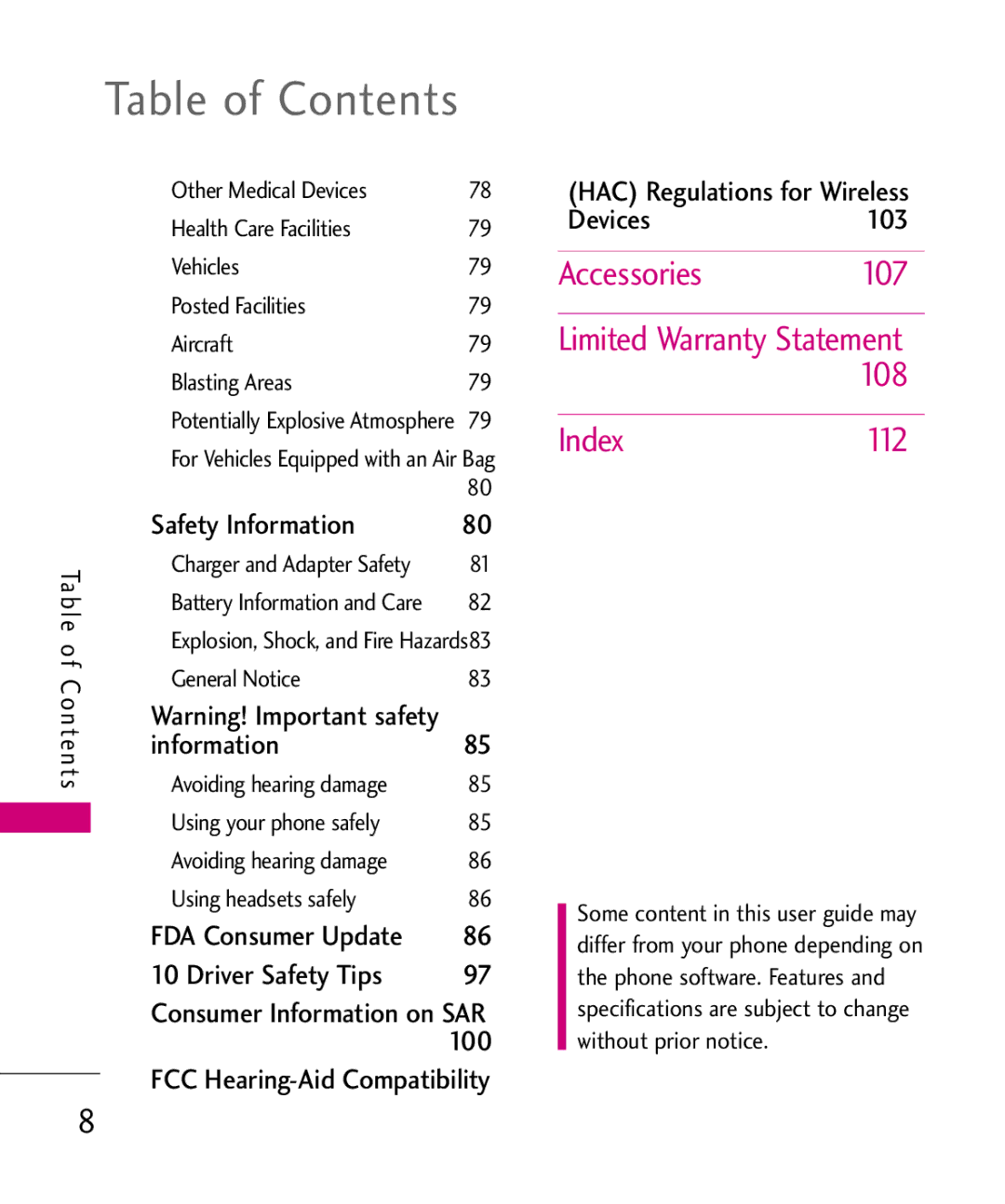 LG Electronics UX310H manual Accessories 107, Index 108, 112 