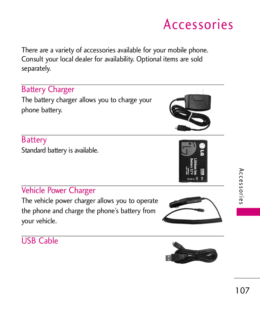 LG Electronics UX310H manual Accessories, Battery Charger, Vehicle Power Charger, USB Cable 