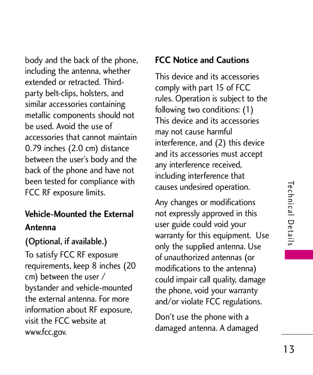 LG Electronics UX310H manual Vehicle-Mounted the External Antenna, Optional, if available, FCC Notice and Cautions 