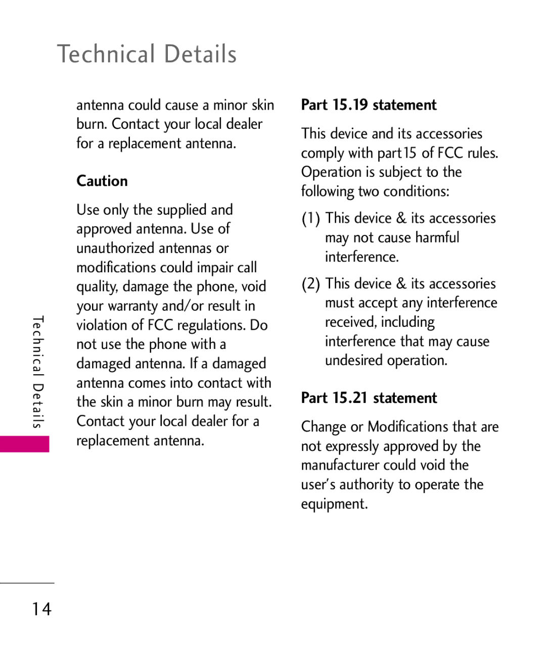 LG Electronics UX310H manual Part 15.19 statement, Part 15.21 statement 