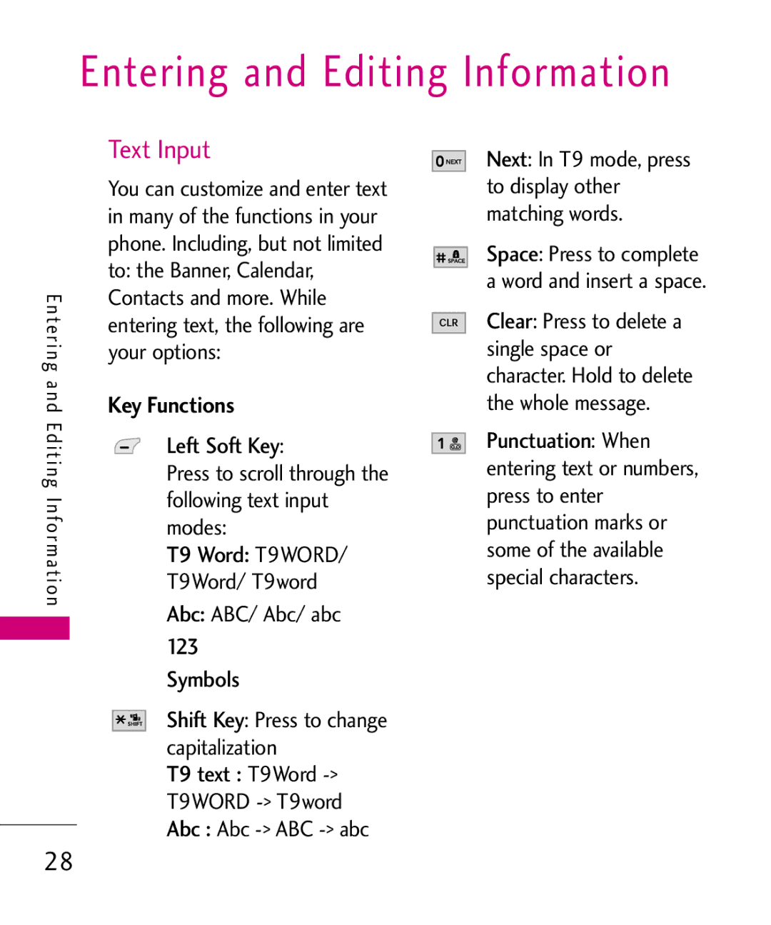 LG Electronics UX310H manual Entering and Editing Information, Text Input, Key Functions, Left Soft Key 