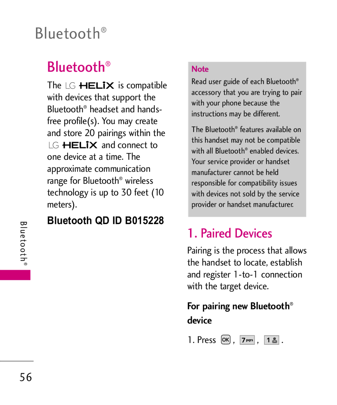 LG Electronics UX310H manual Paired Devices, For pairing new Bluetooth device 