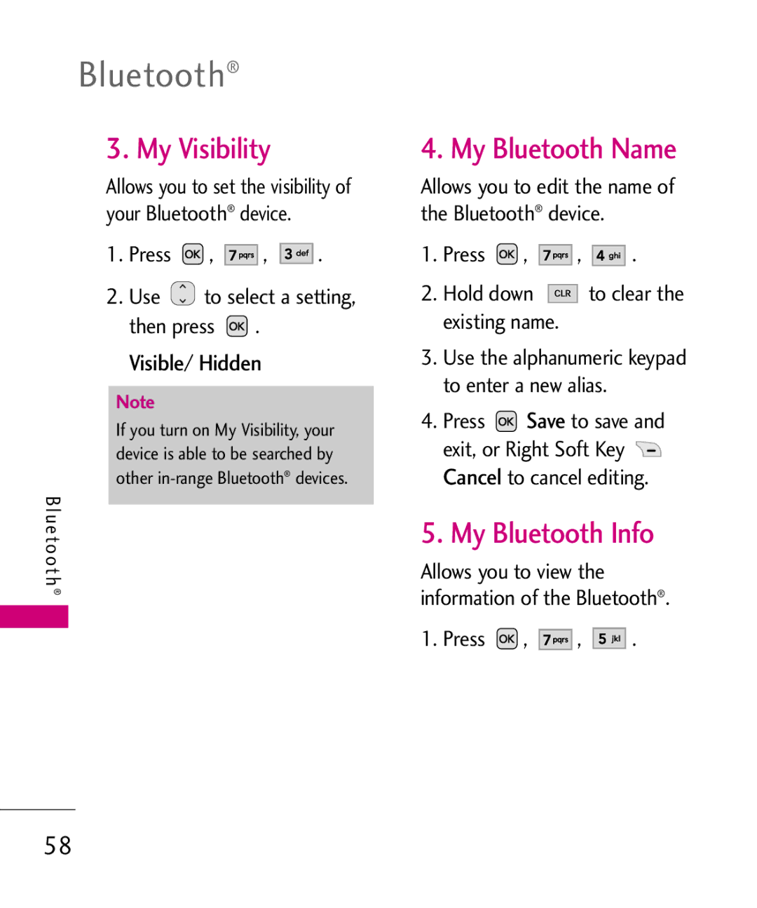 LG Electronics UX310H manual My Visibility, My Bluetooth Name, My Bluetooth Info, Visible/ Hidden 