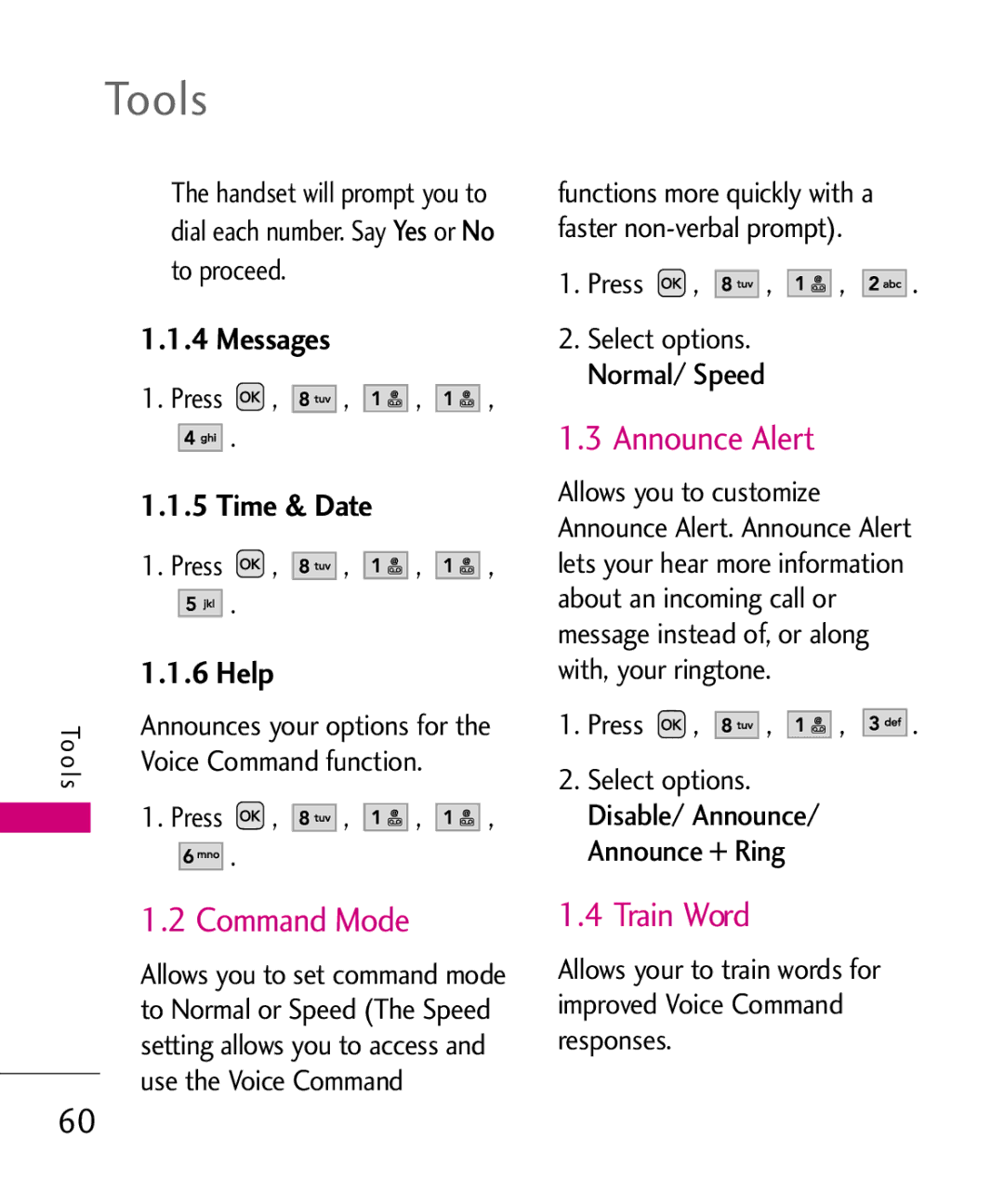 LG Electronics UX310H manual Command Mode, Announce Alert, Train Word 