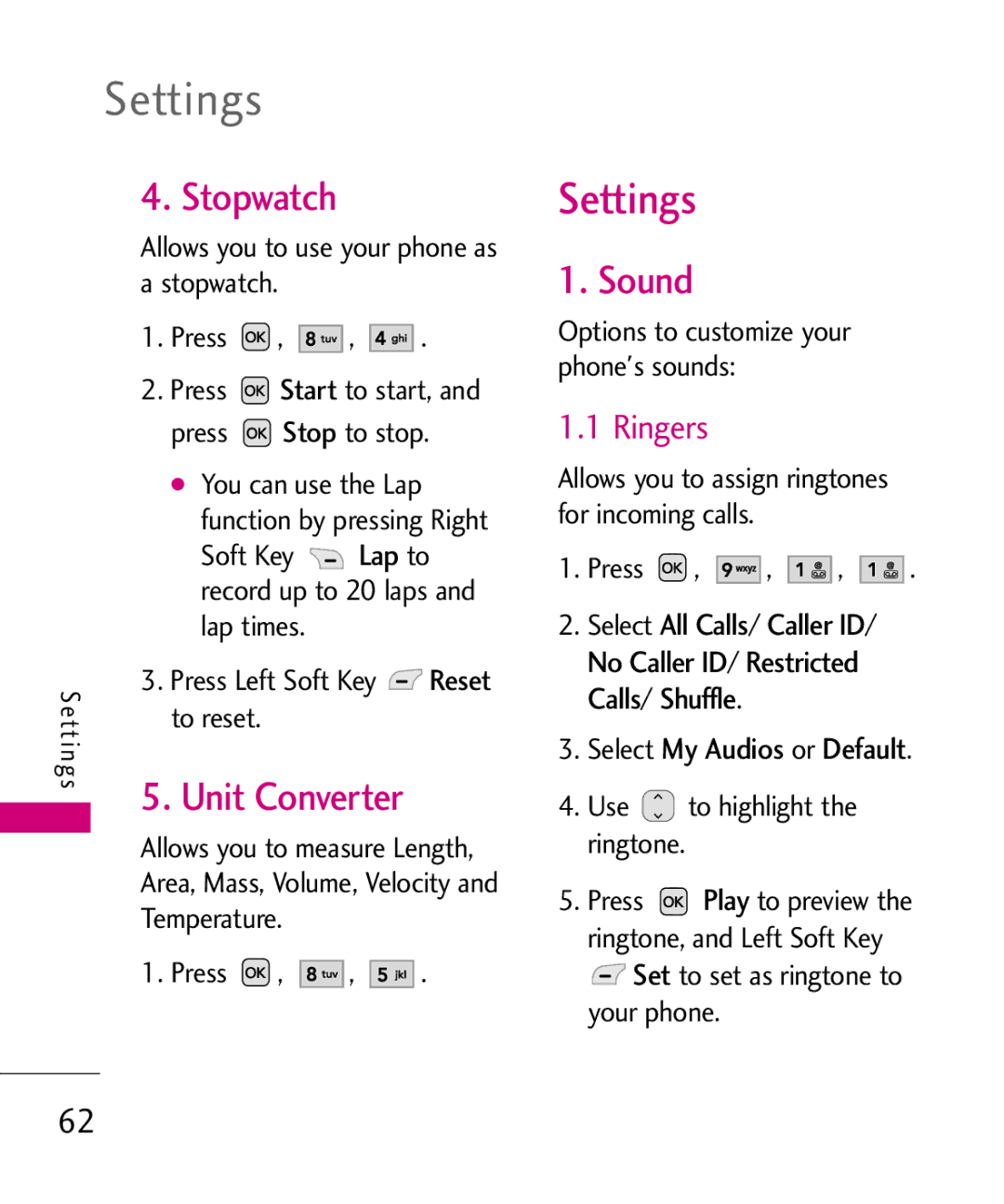 LG Electronics UX310H manual Settings, Stopwatch, Unit Converter, Sound 