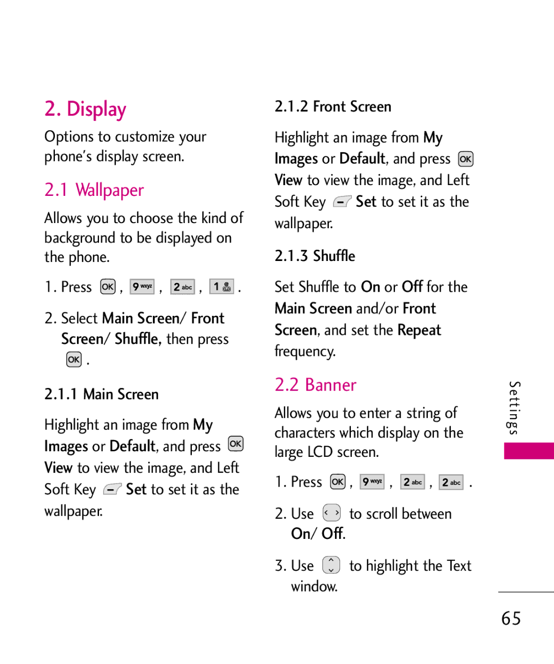 LG Electronics UX310H manual Display, Banner, Off, Shuffle, then press Main Screen, Use to highlight the Text window 