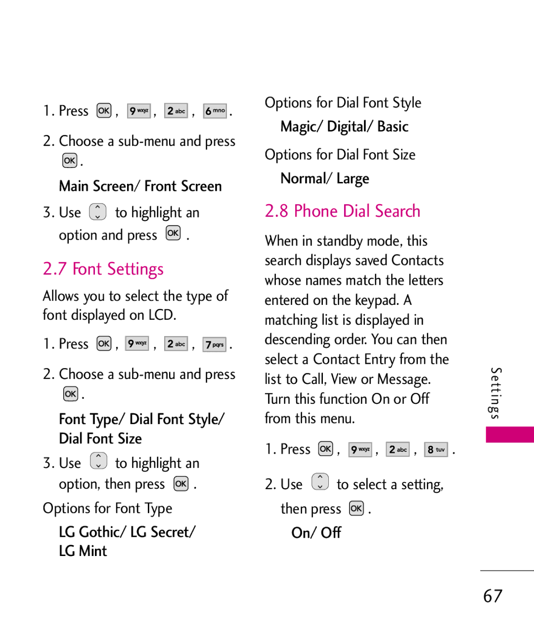 LG Electronics UX310H manual Font Settings, Phone Dial Search, Main Screen/ Front Screen 