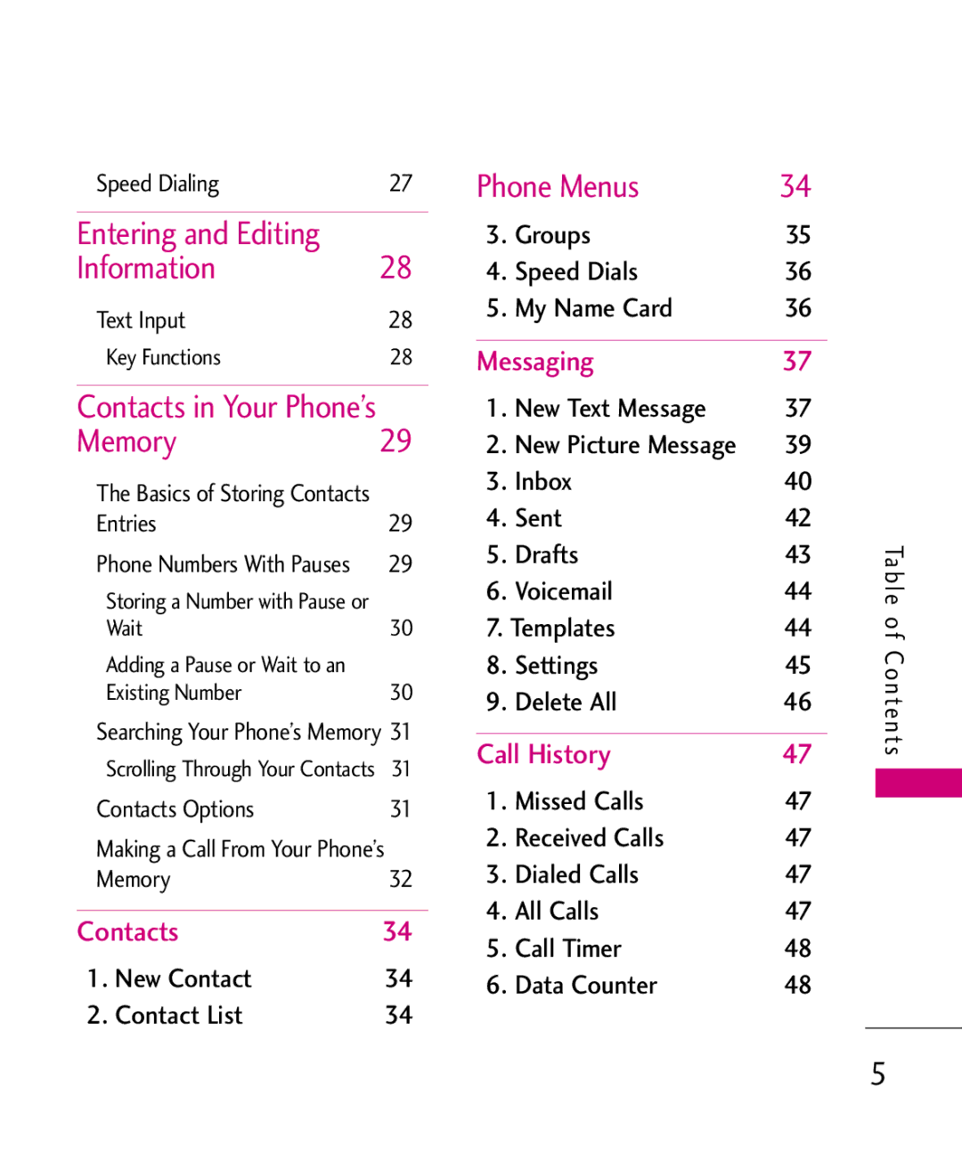 LG Electronics UX310H manual Phone Menus Entering and Editing, Information, Contacts in Your Phone’s, Memory 