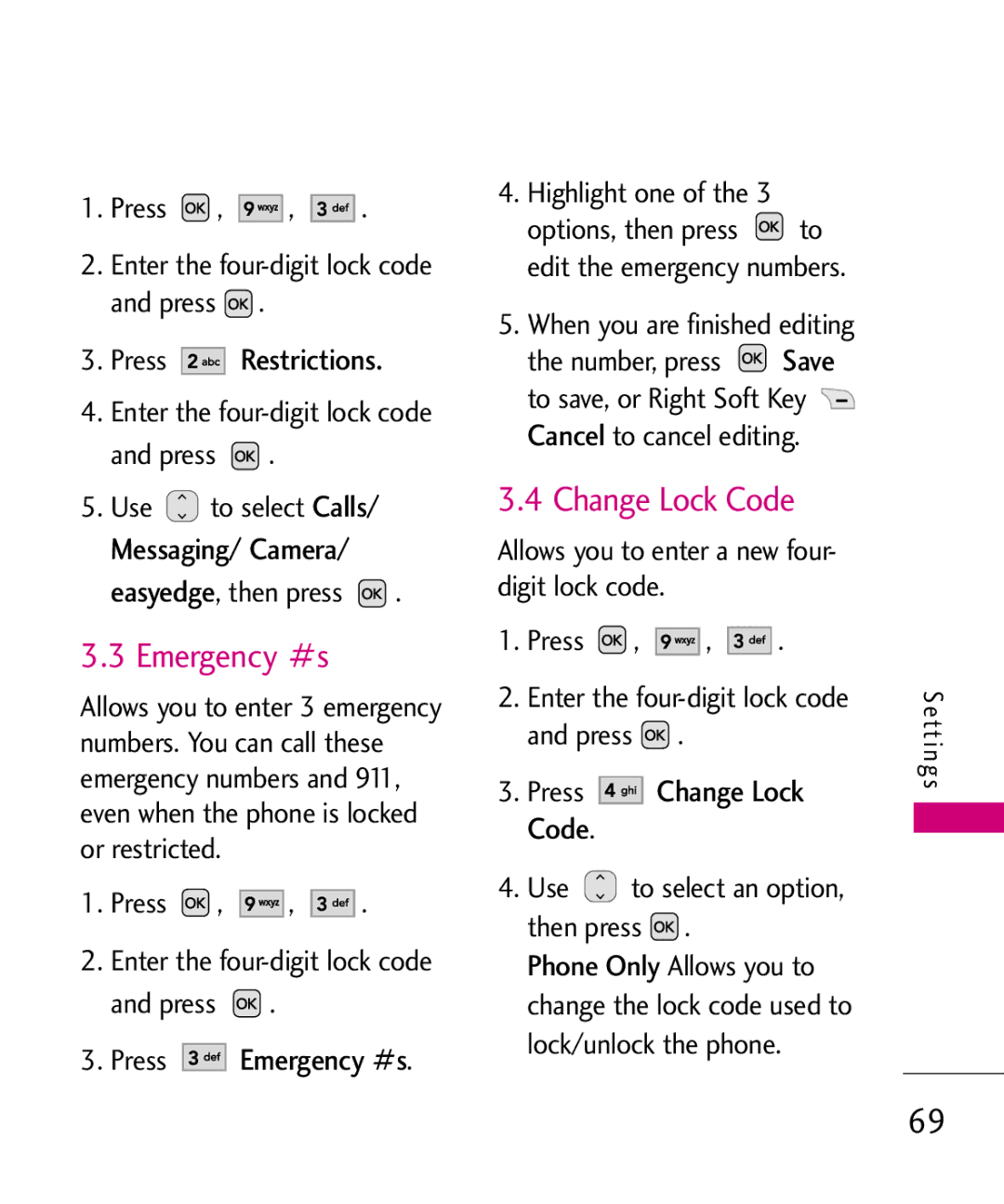 LG Electronics UX310H manual Emergency #s, Change Lock Code, Press Restrictions, Easyedge 