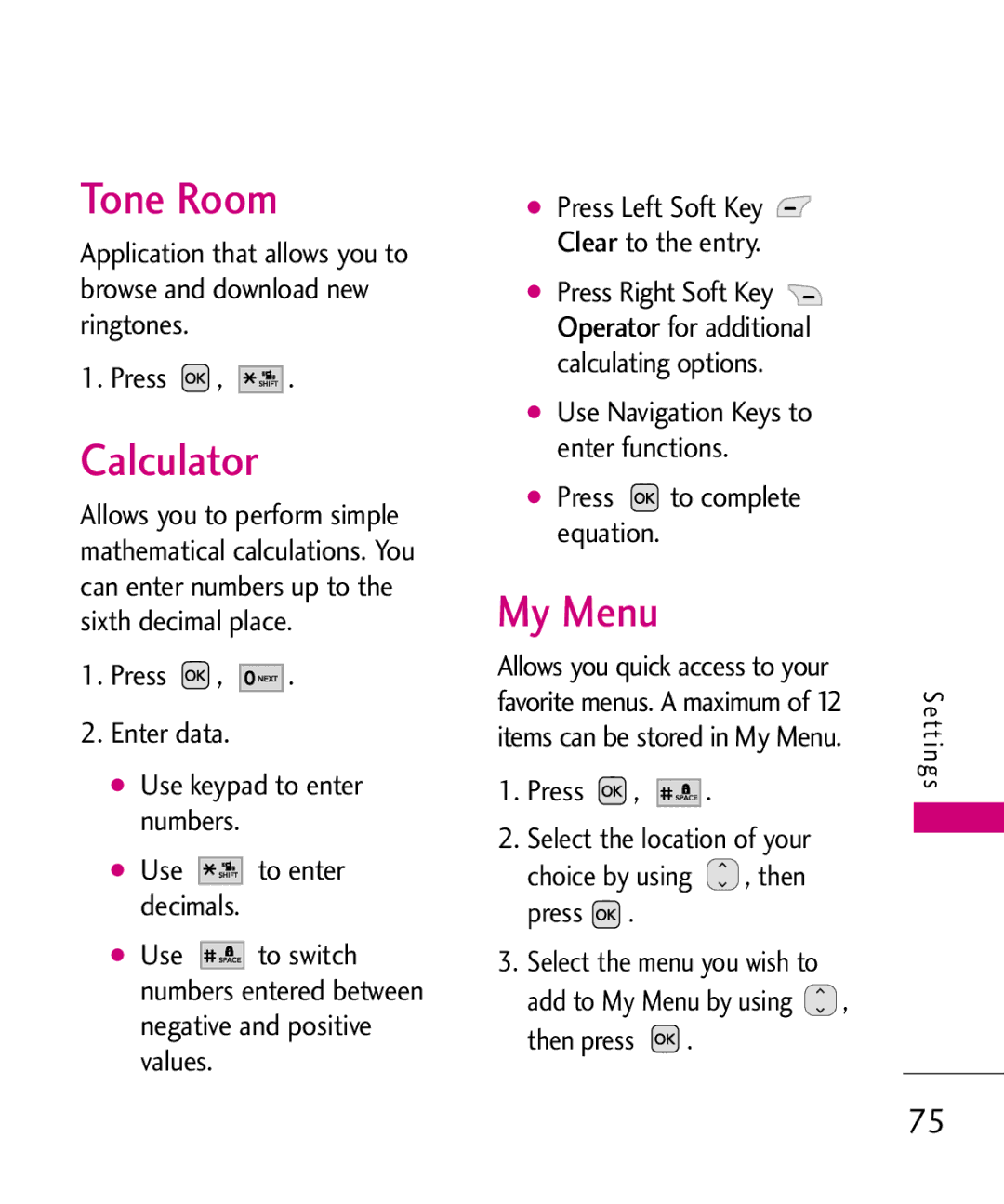 LG Electronics UX310H manual Tone Room, Calculator, My Menu 