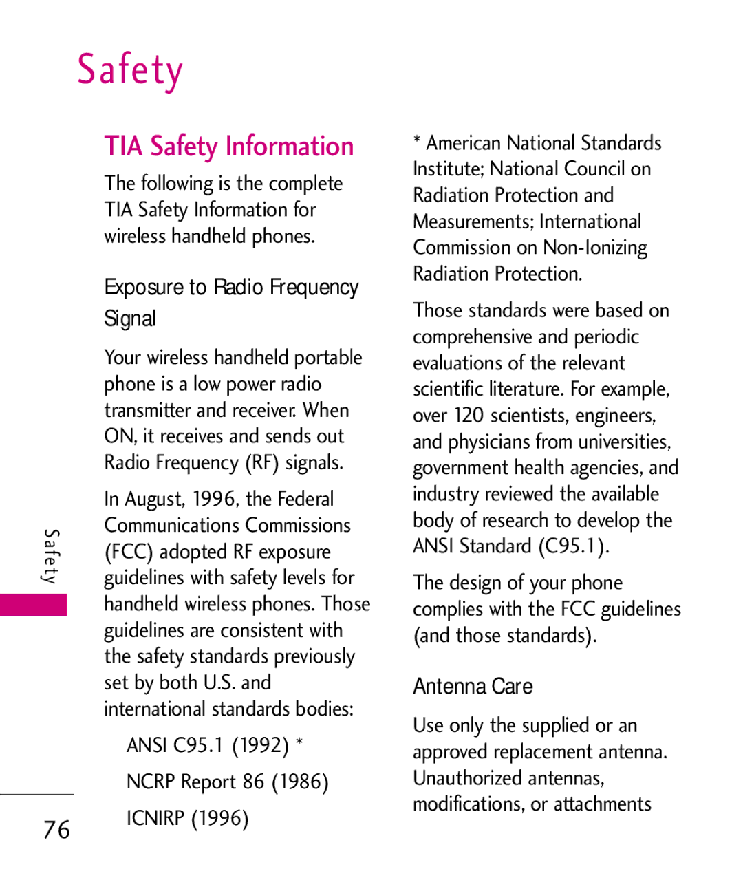 LG Electronics UX310H manual TIA Safety Information, Exposure to Radio Frequency, Antenna Care 