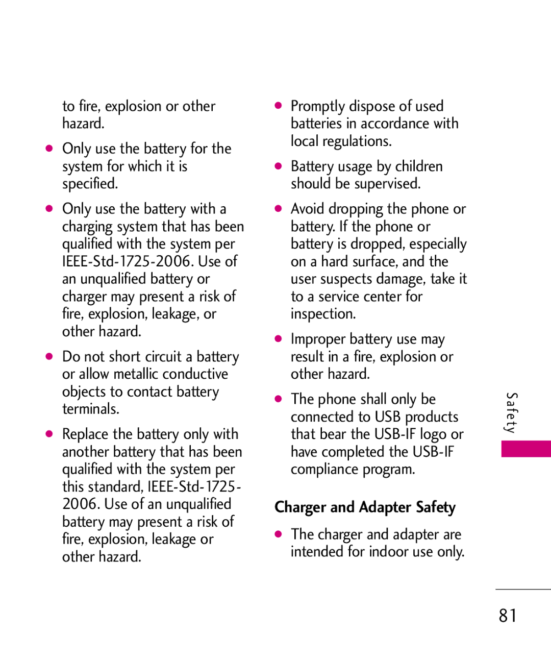 LG Electronics UX310H manual Charger and Adapter Safety 