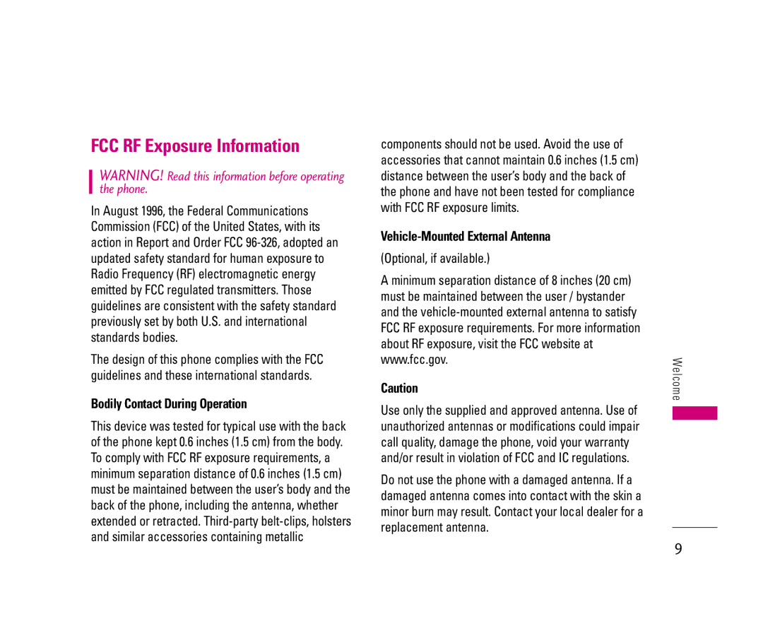 LG Electronics UX3300 manual FCC RF Exposure Information, Bodily Contact During Operation, Vehicle-Mounted External Antenna 