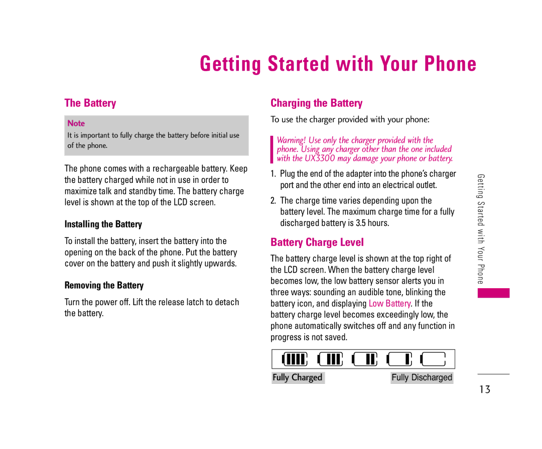 LG Electronics UX3300 manual Charging the Battery, Battery Charge Level, Installing the Battery, Removing the Battery 