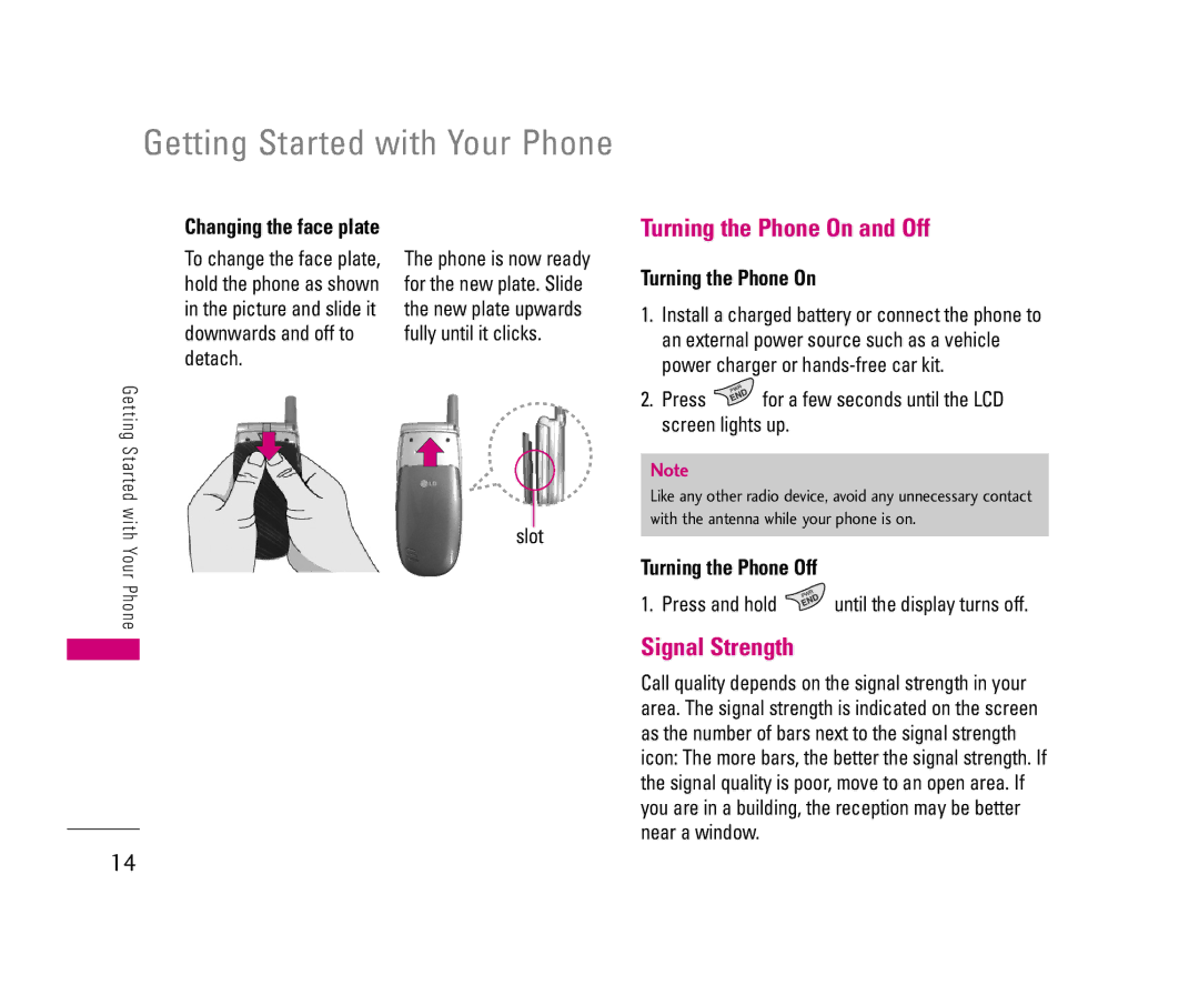 LG Electronics UX3300 manual Getting Started with Your Phone, Turning the Phone On and Off, Signal Strength 