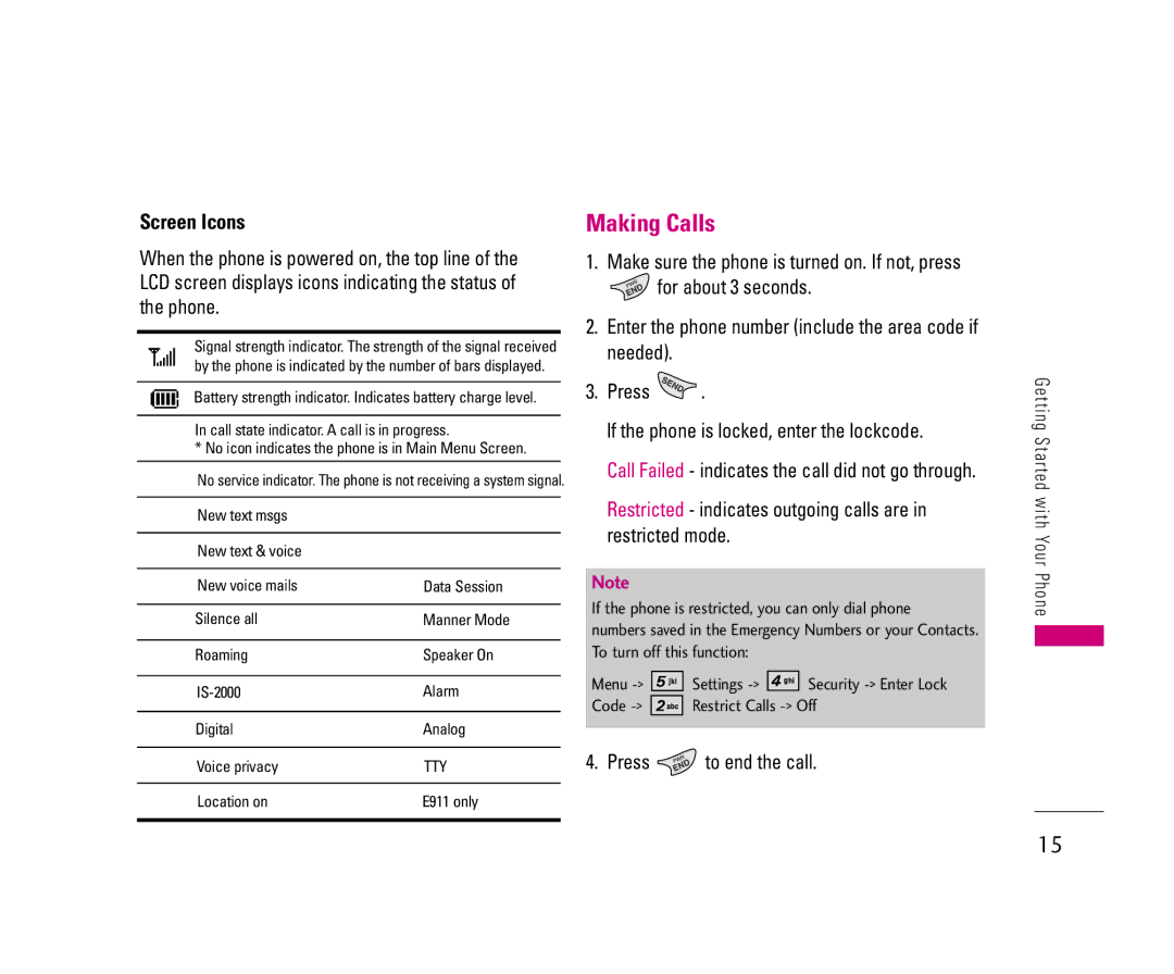 LG Electronics UX3300 manual Making Calls, Screen Icons, Press to end the call 