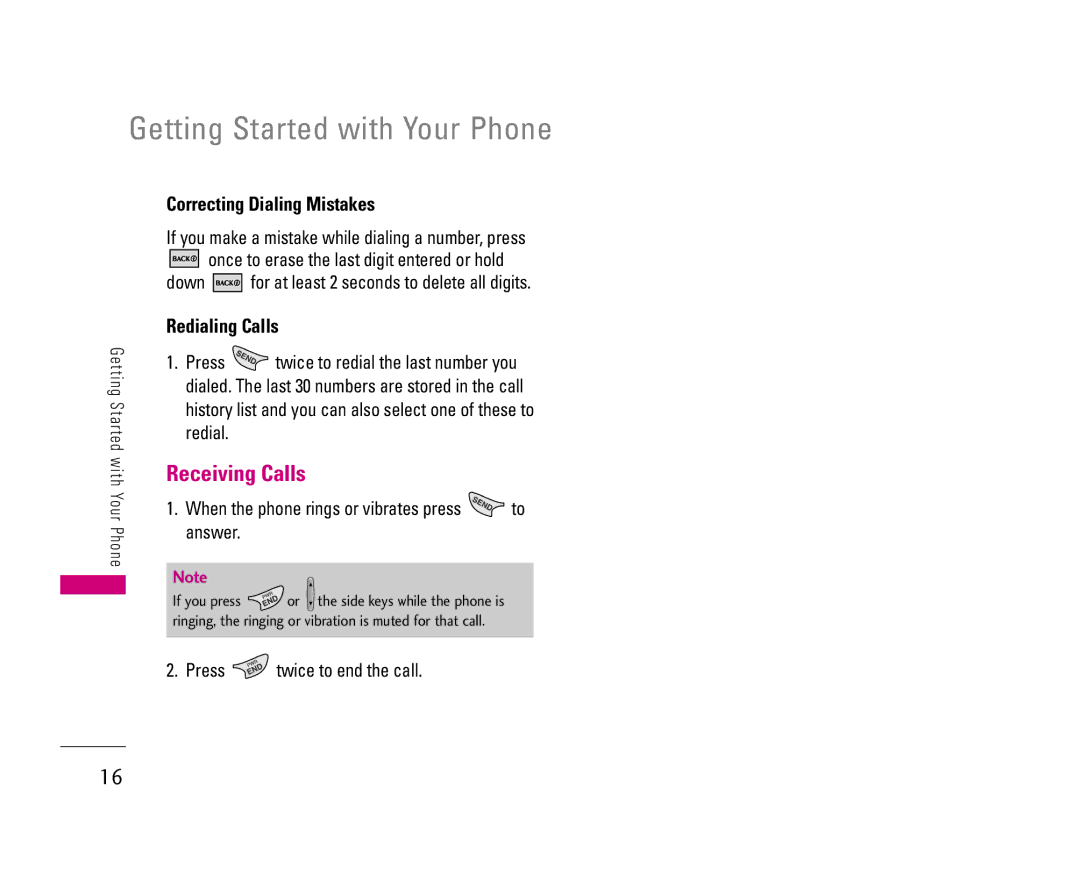 LG Electronics UX3300 manual Receiving Calls, Correcting Dialing Mistakes, Redialing Calls 