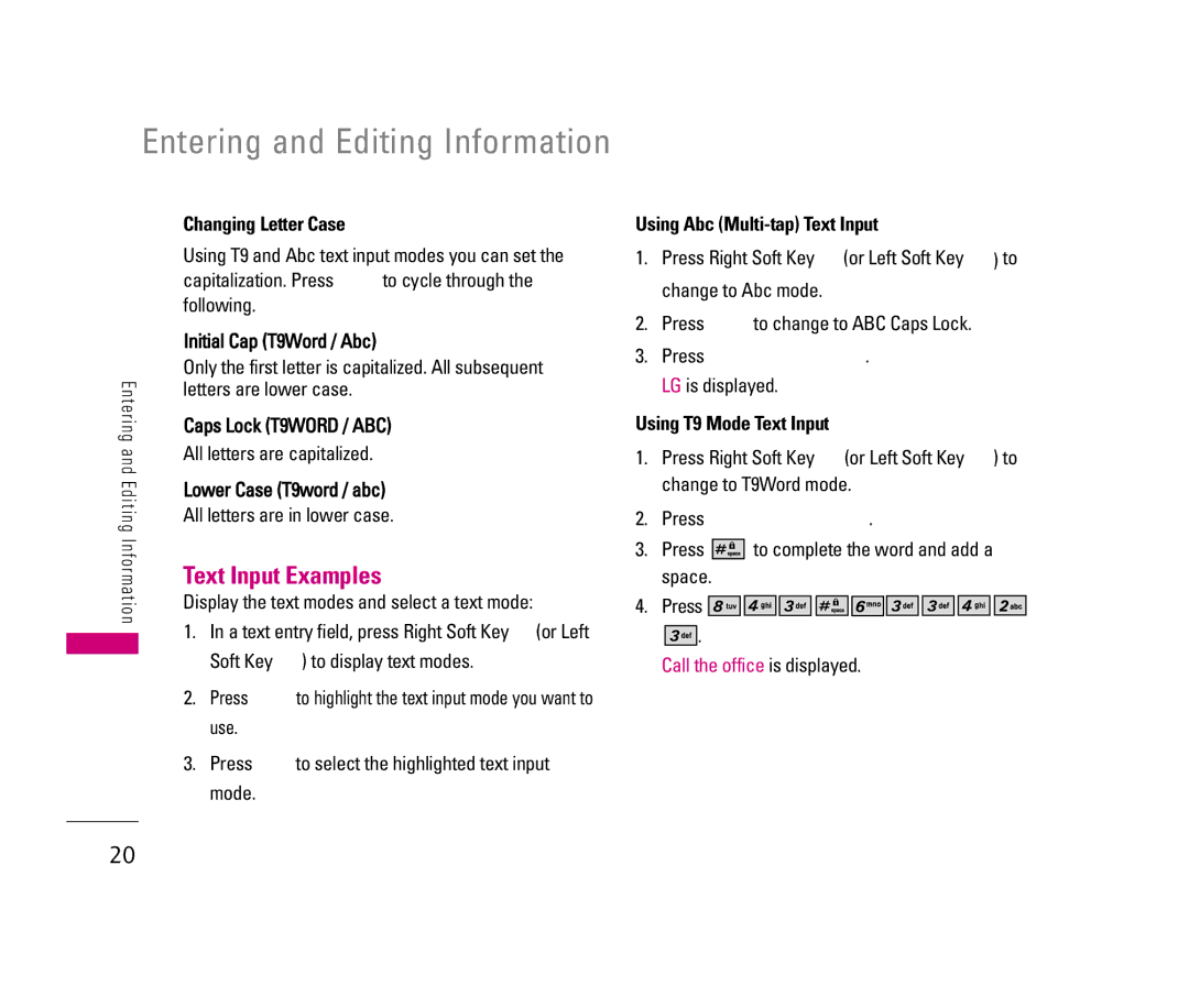 LG Electronics UX3300 manual Entering and Editing Information, Text Input Examples, Changing Letter Case 