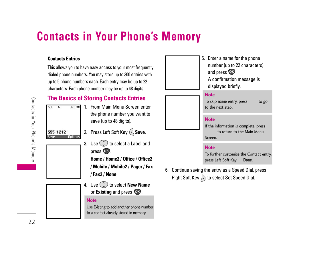 LG Electronics UX3300 manual Contacts in Your Phone’s Memory, Basics of Storing Contacts Entries, Fax2 / None 