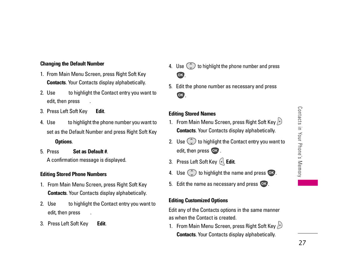 LG Electronics UX3300 manual Changing the Default Number, Press Set as Default #, Editing Stored Phone Numbers 