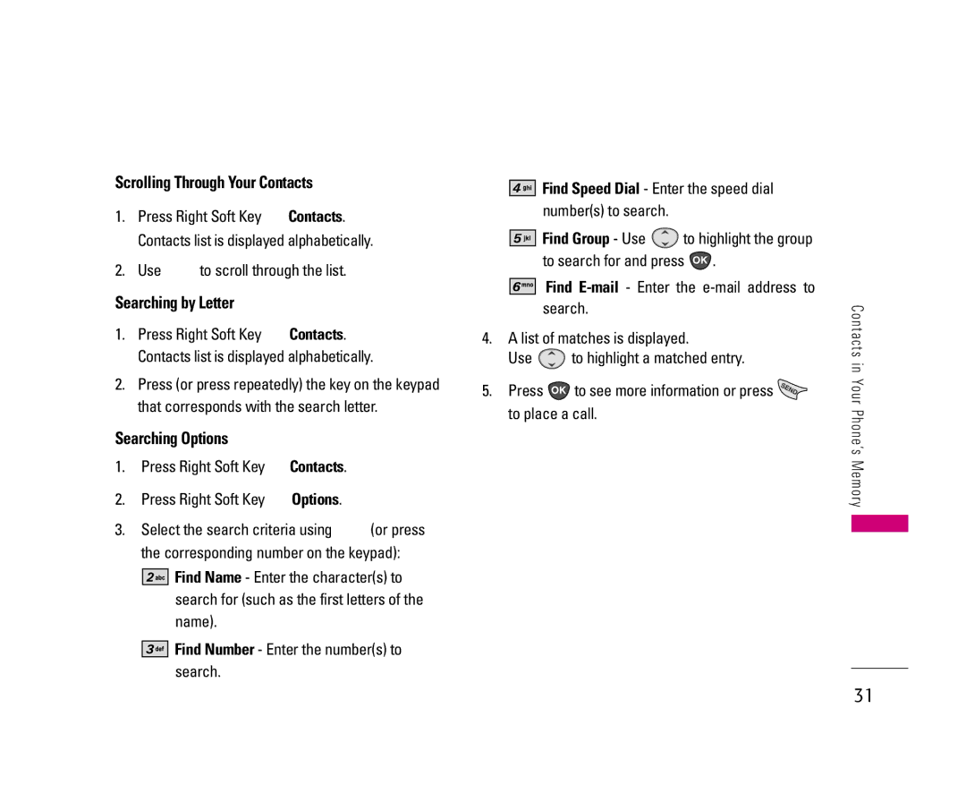 LG Electronics UX3300 manual Scrolling Through Your Contacts, Searching by Letter, Searching Options 