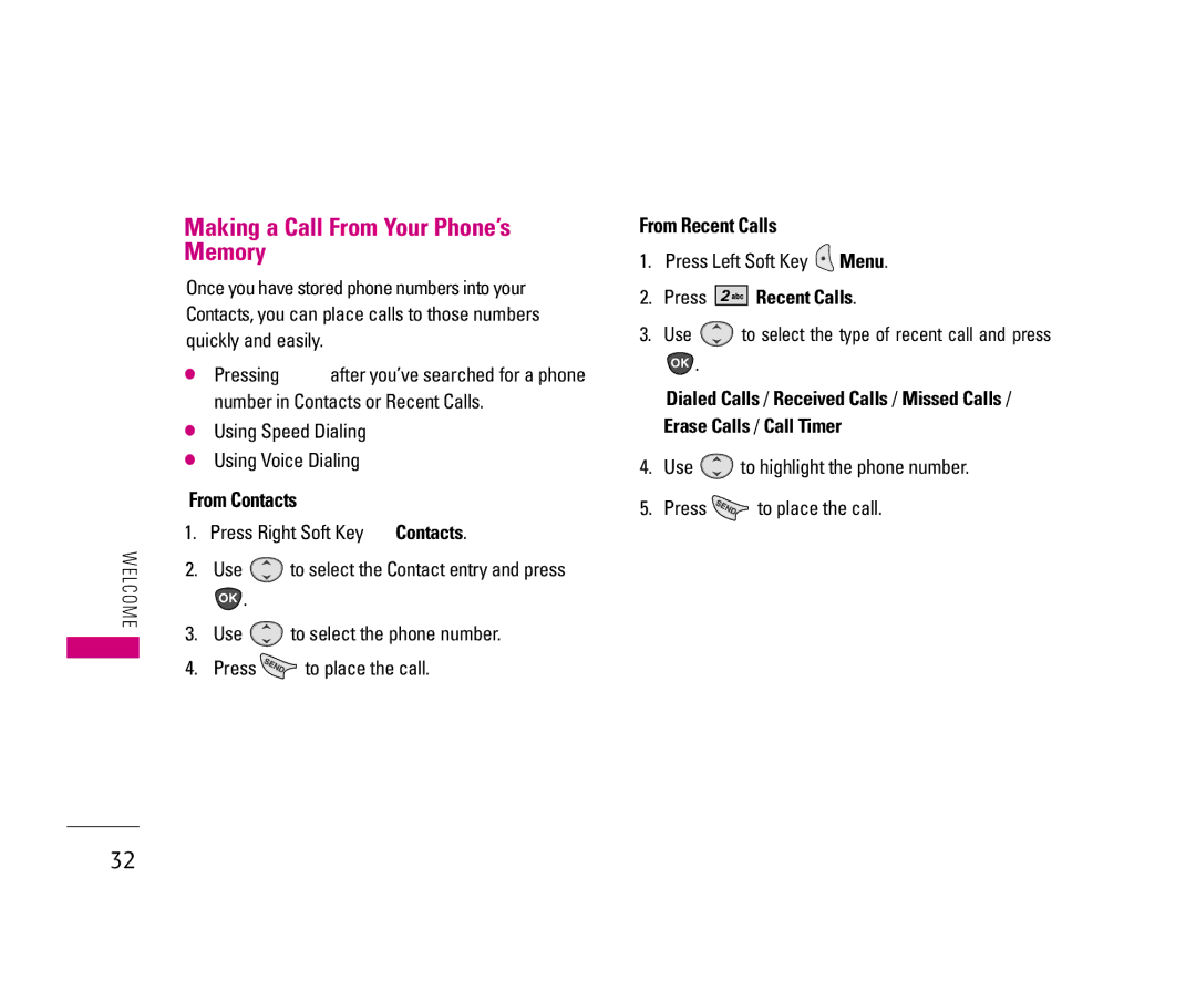 LG Electronics UX3300 manual Making a Call From Your Phone’s Memory, From Contacts, From Recent Calls, Press Recent Calls 