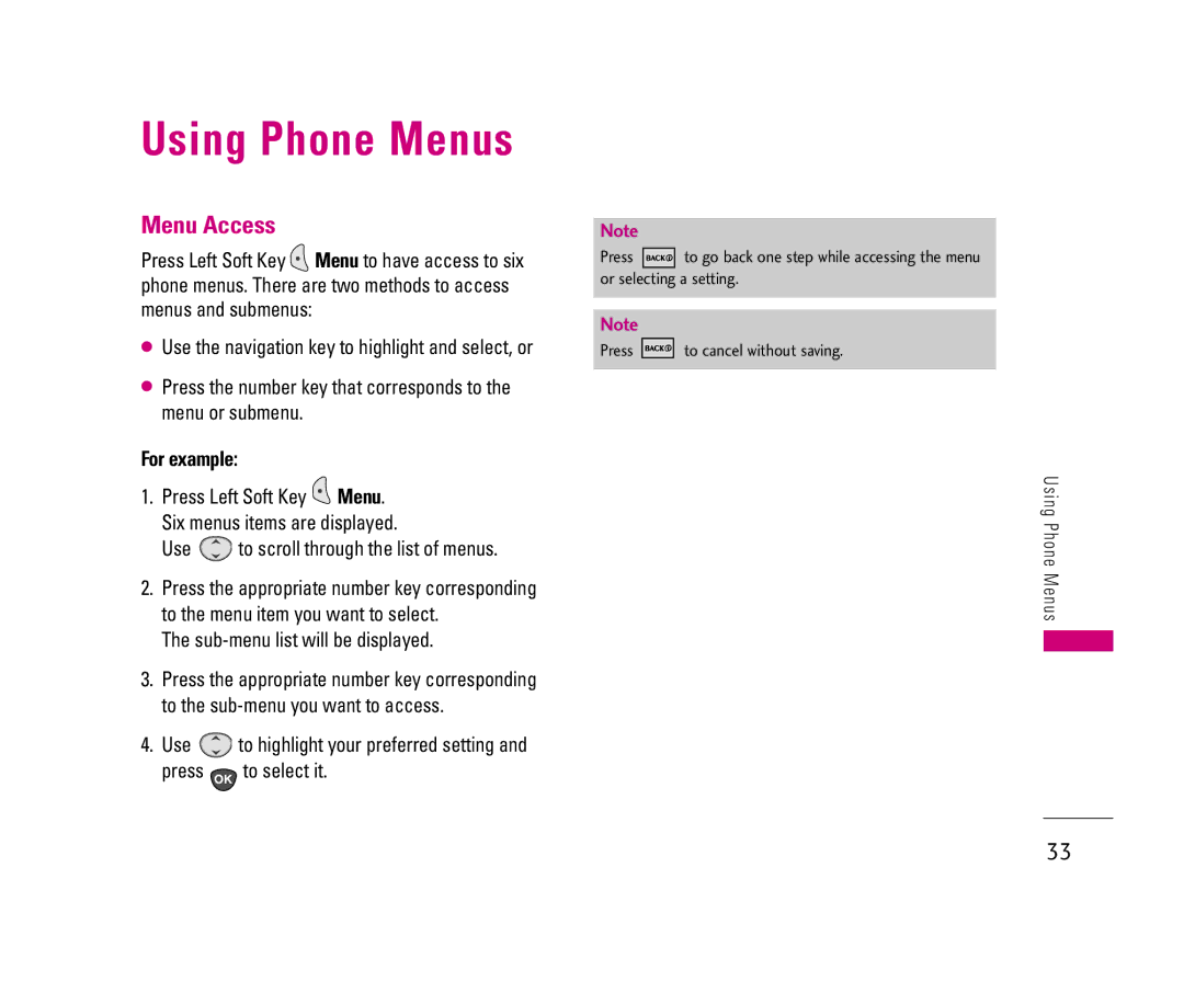 LG Electronics UX3300 manual Using Phone Menus, Menu Access, For example, Sub-menu list will be displayed 