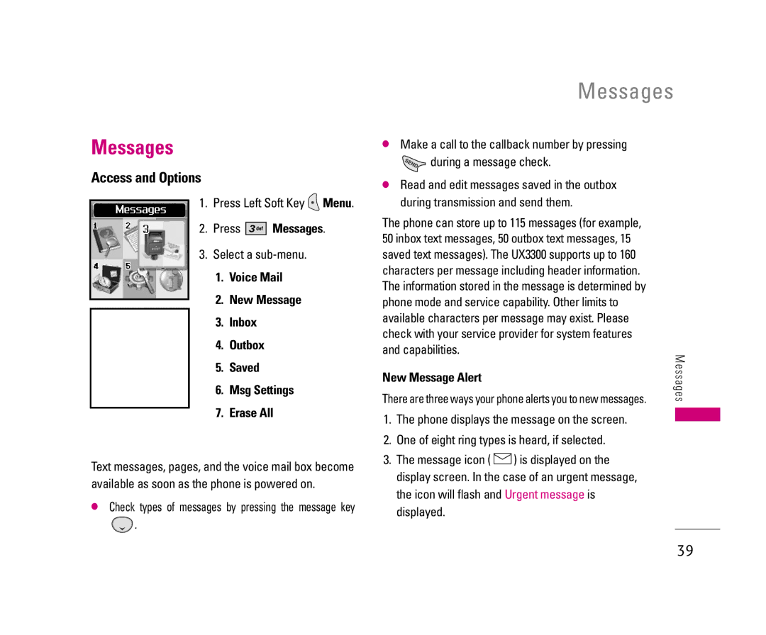 LG Electronics UX3300 manual Press Messages, New Message Alert 