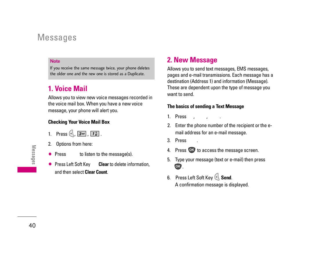 LG Electronics UX3300 manual New Message, Checking Your Voice Mail Box, Then select Clear Count 