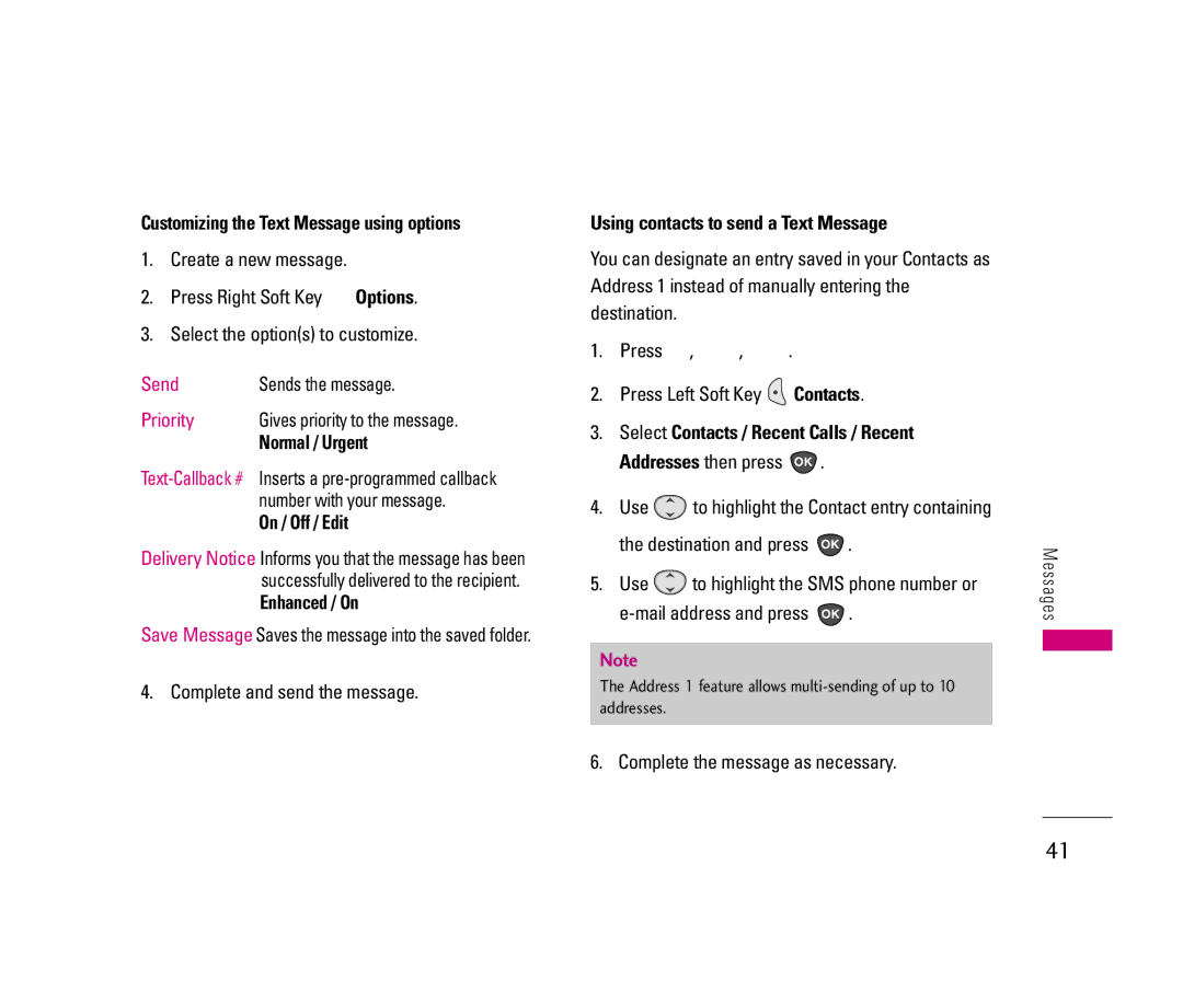 LG Electronics UX3300 manual On / Off / Edit, Enhanced / On, Using contacts to send a Text Message 