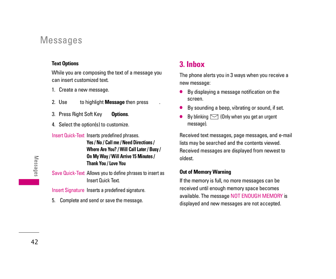 LG Electronics UX3300 manual Inbox, Text Options, Thank You / Love You, Out of Memory Warning 