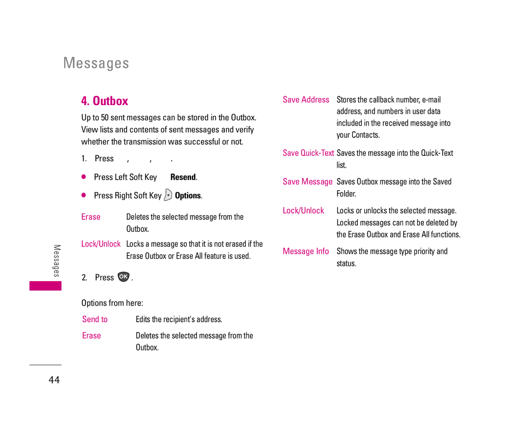 LG Electronics UX3300 manual Outbox, Edits the recipients address, Status 