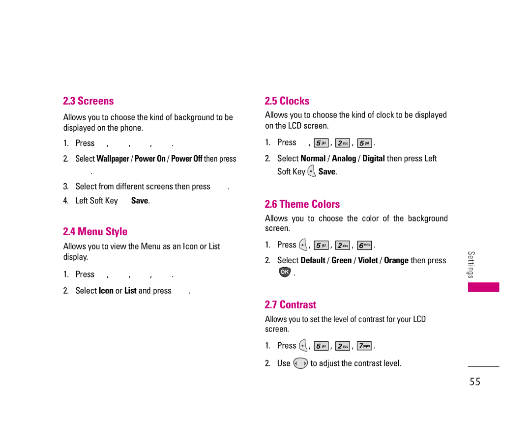 LG Electronics UX3300 manual Screens, Menu Style, Clocks, Theme Colors, Contrast 