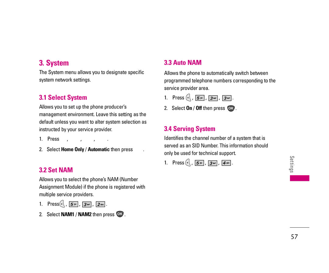 LG Electronics UX3300 manual Select System, Set NAM, Auto NAM, Serving System 