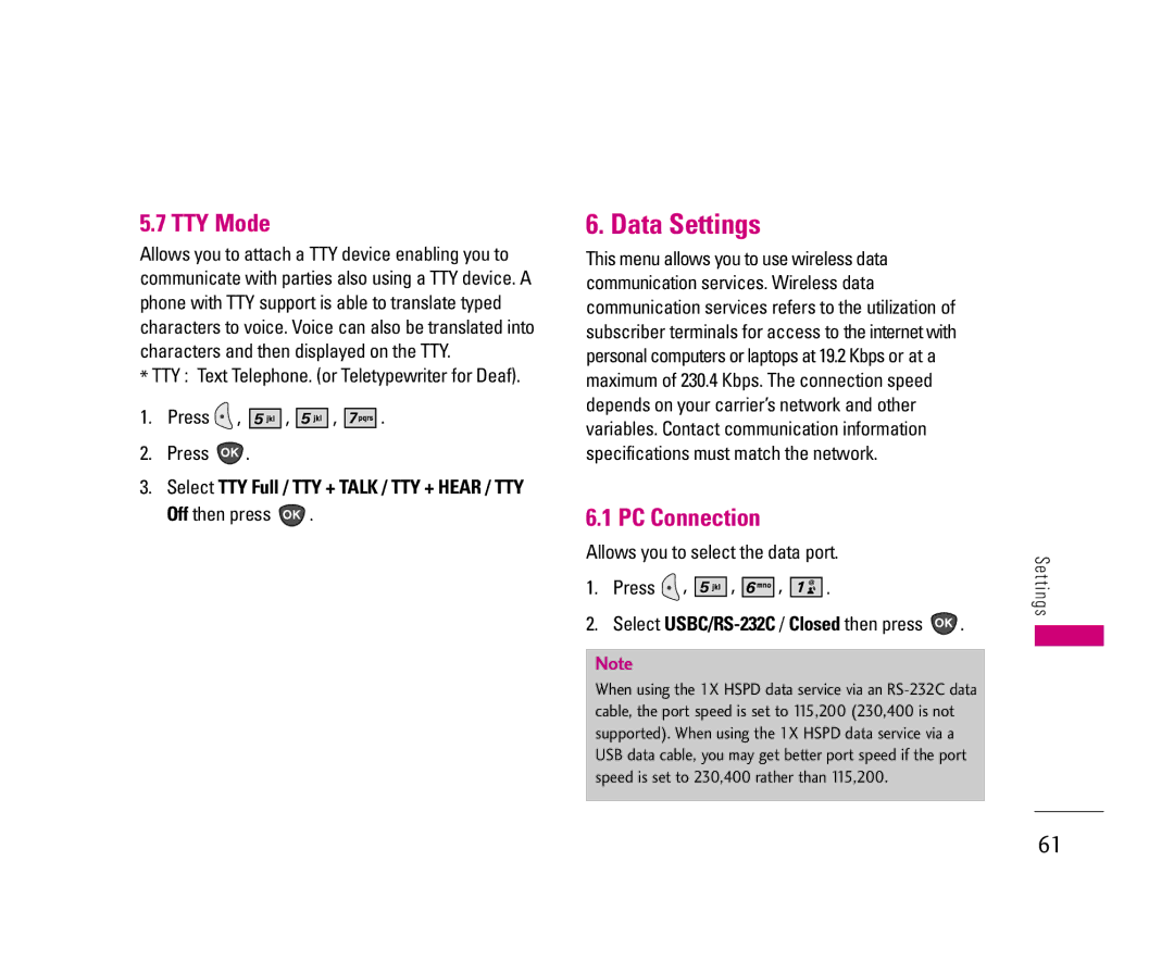 LG Electronics UX3300 Data Settings, TTY Mode, PC Connection, Off then press, Allows you to select the data port Press 