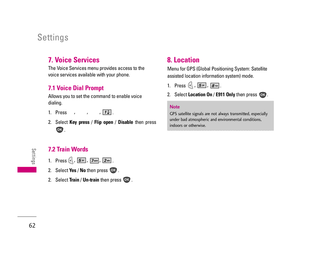 LG Electronics UX3300 manual Voice Services, Voice Dial Prompt, Press Select Location On / E911 Only then press 