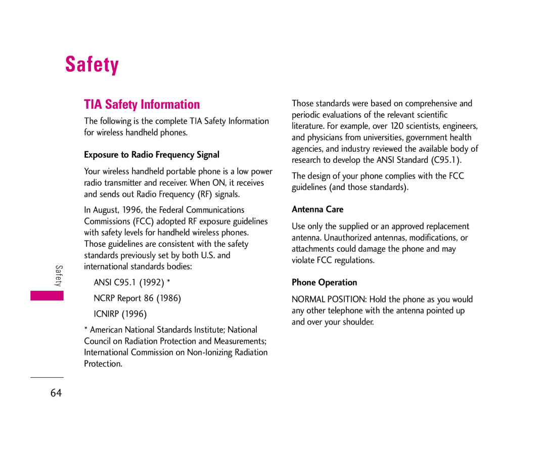 LG Electronics UX3300 manual TIA Safety Information, Exposure to Radio Frequency Signal, Antenna Care, Phone Operation 