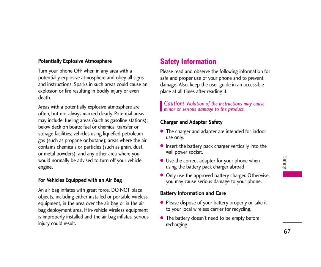 LG Electronics UX3300 manual Safety Information, Potentially Explosive Atmosphere, For Vehicles Equipped with an Air Bag 