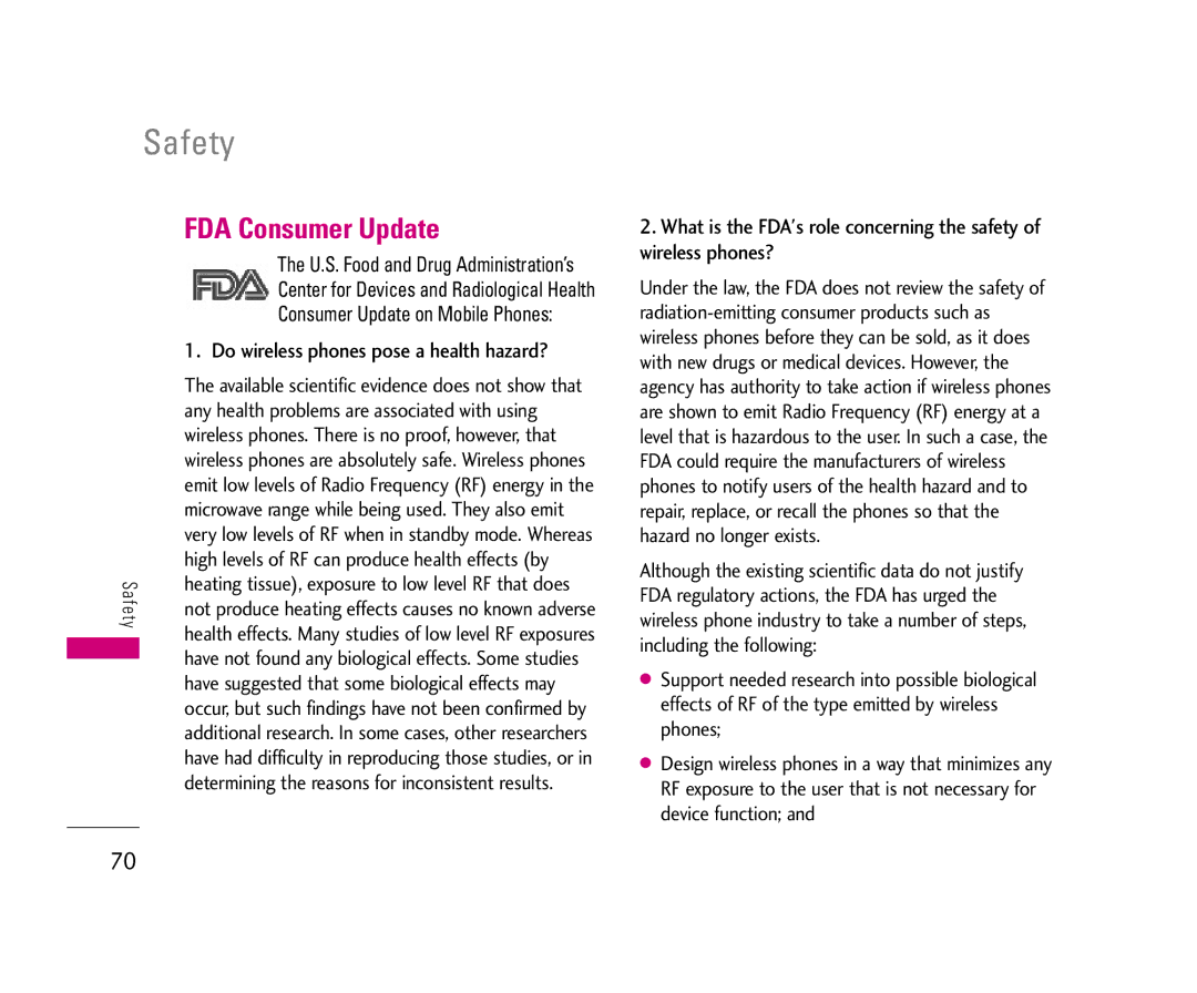 LG Electronics UX3300 manual FDA Consumer Update, U.S. Food and Drug Administration’s 