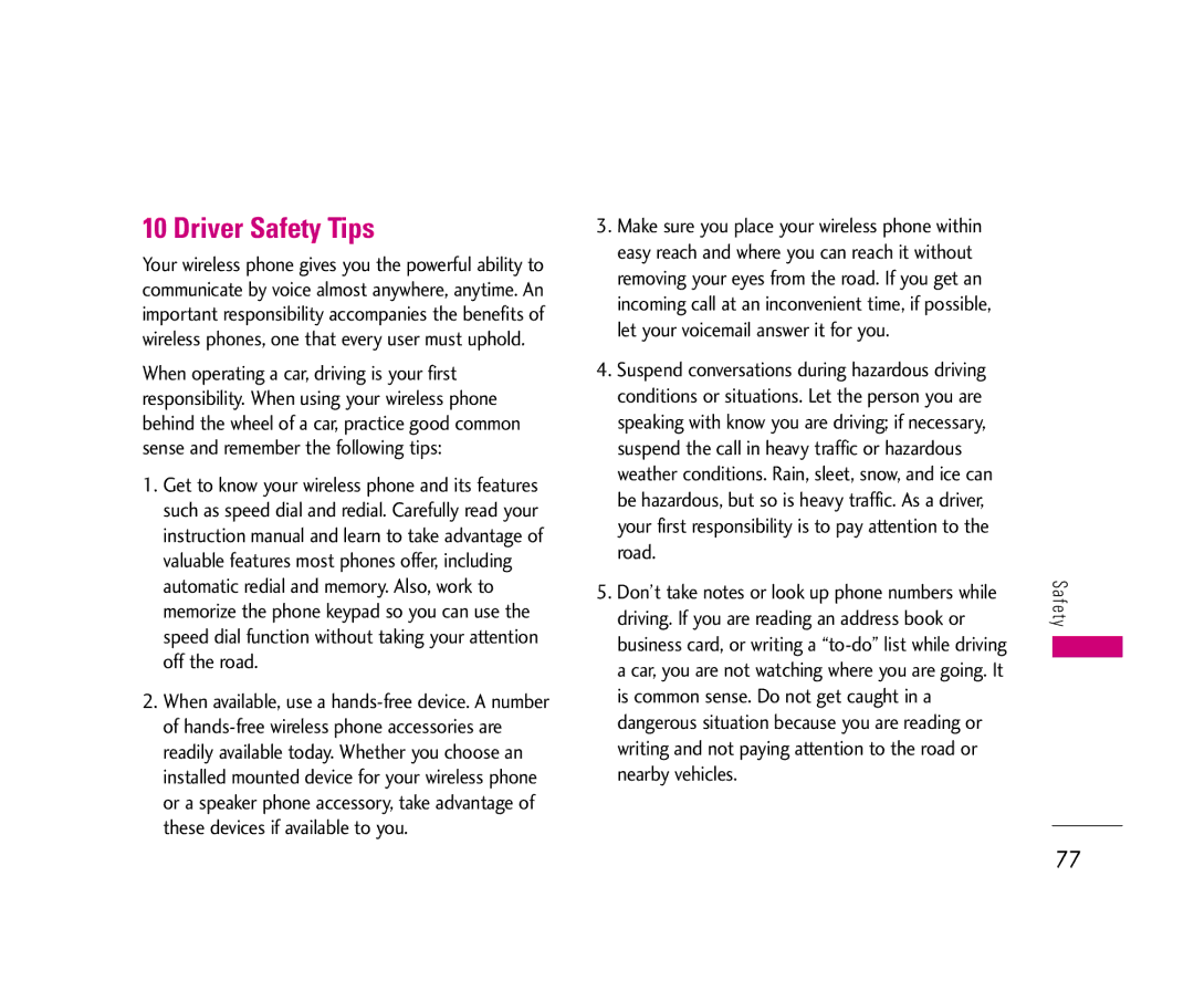 LG Electronics UX3300 manual Driver Safety Tips 