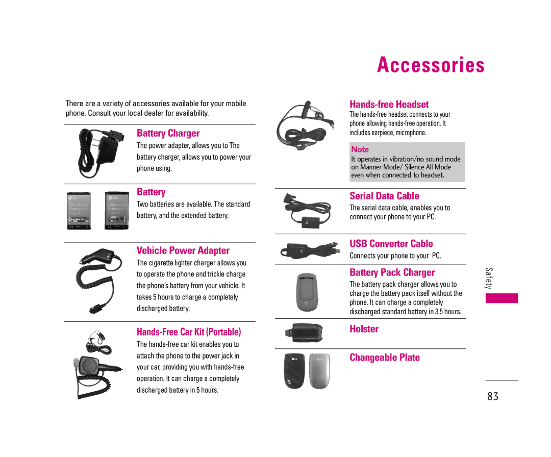 LG Electronics UX3300 manual Accessories, Vehicle Power Adapter 