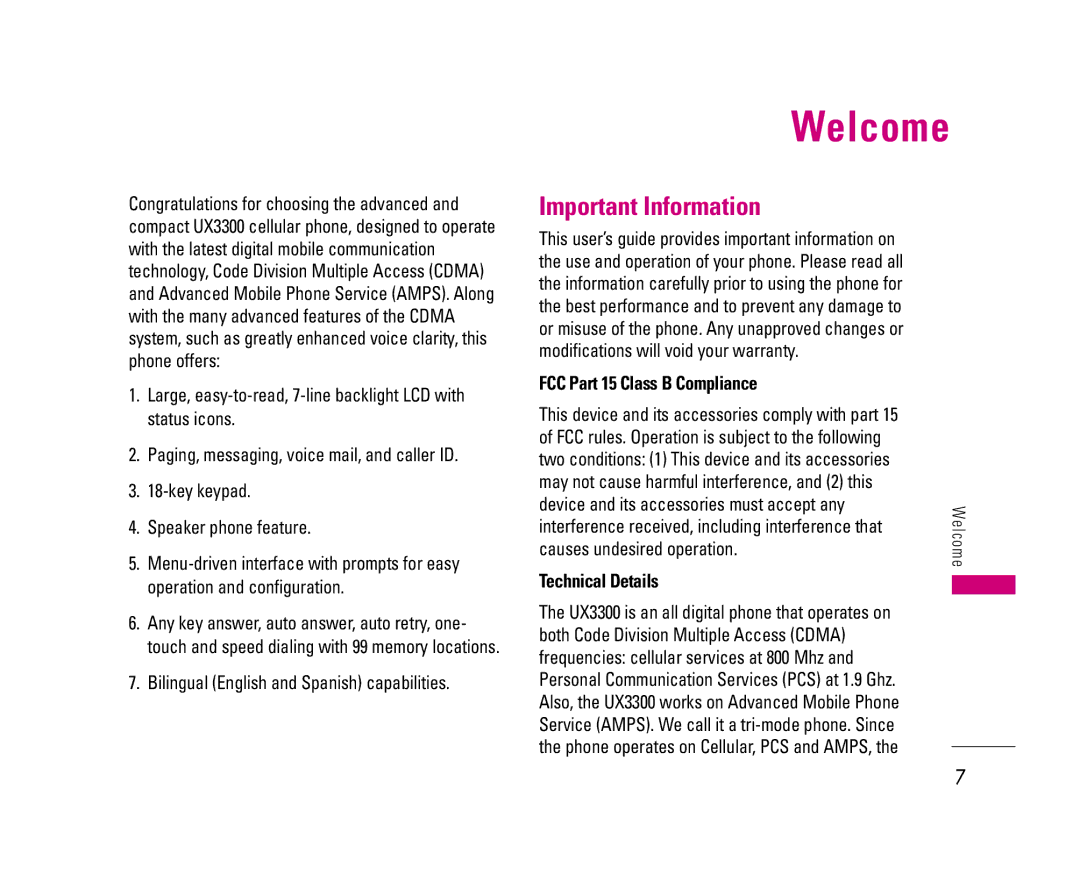 LG Electronics UX3300 manual Welcome, Important Information, FCC Part 15 Class B Compliance, Technical Details 