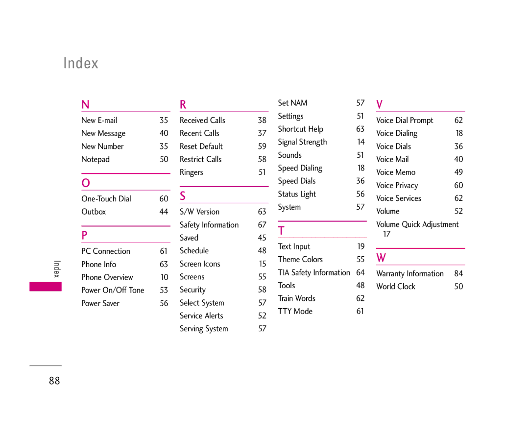 LG Electronics UX3300 manual Index, Phone Overview Screens Tools 