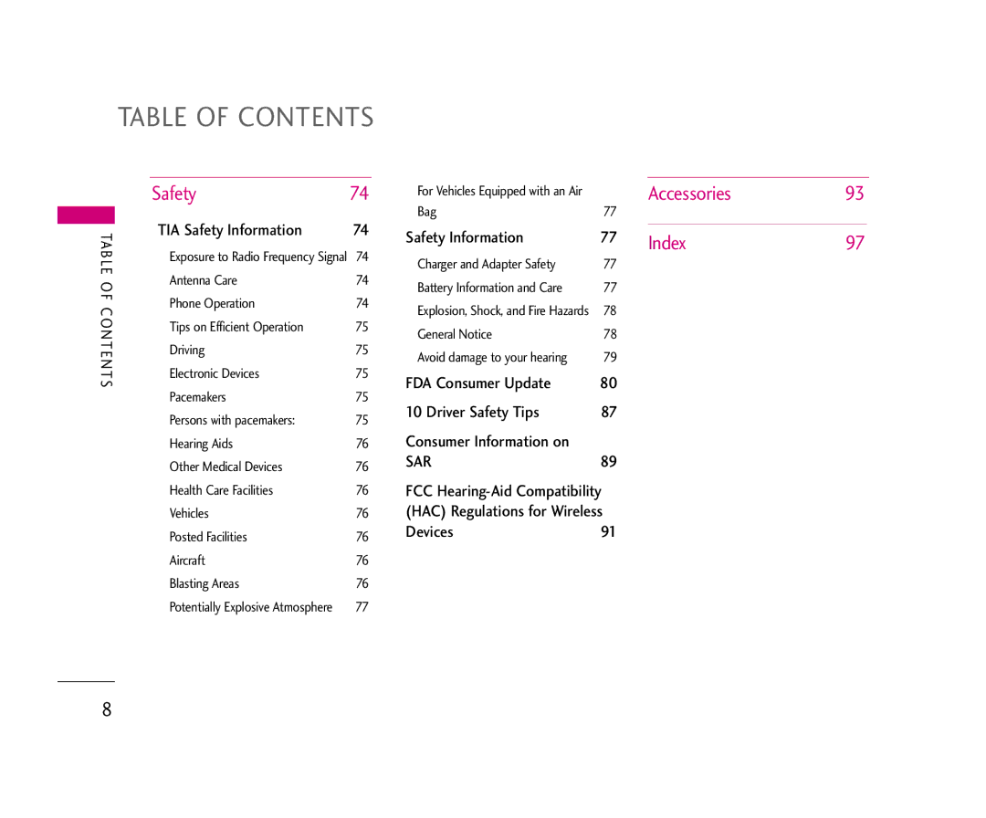 LG Electronics UX355 manual Accessories, Index, TIA Safety Information 