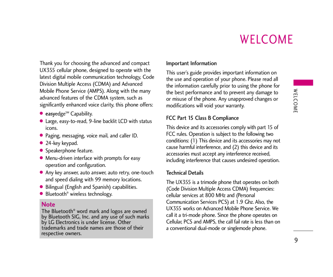 LG Electronics UX355 manual Welcome, Important Information, FCC Part 15 Class B Compliance, Technical Details 