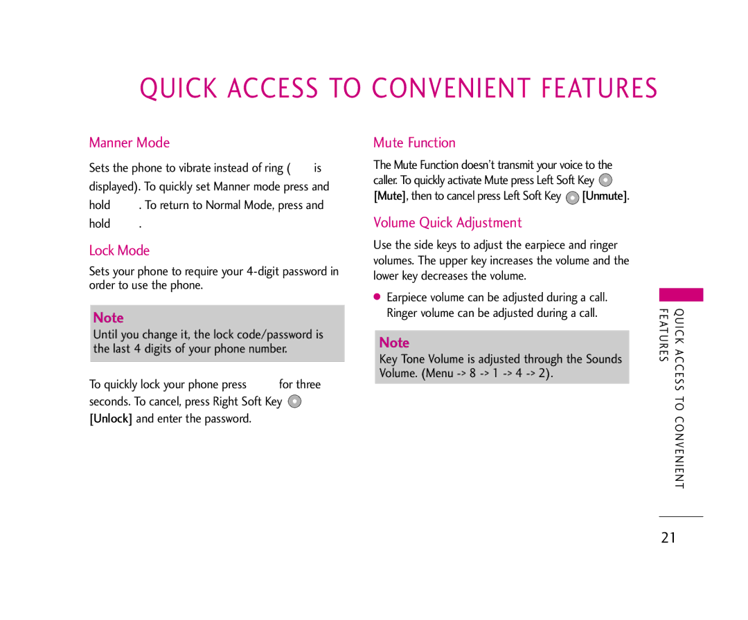 LG Electronics UX355 manual Manner Mode, Lock Mode, Mute Function, Volume Quick Adjustment 