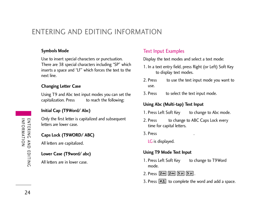 LG Electronics UX355 manual Entering and Editing Information 